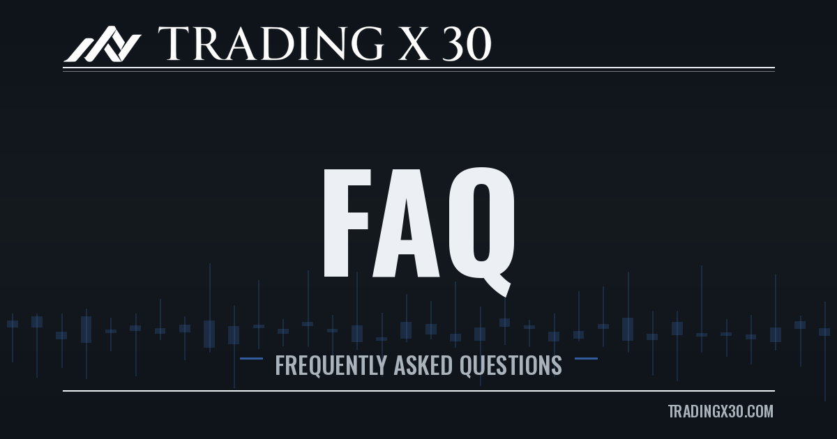 TradingX30 FAQ page featured image, dark version — FAQ title with Japanese candlestick pattern in the background
