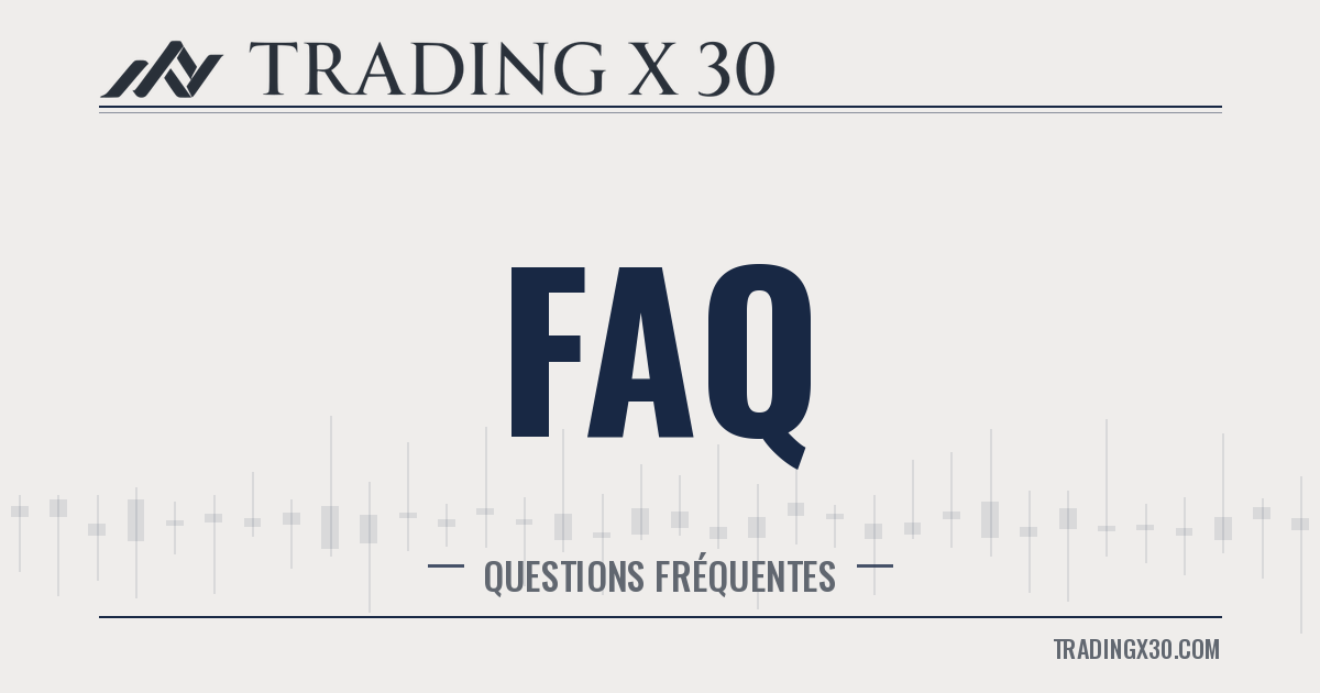 Image de mise en avant de la page FAQ TradingX30, version claire — titre FAQ avec motif de chandeliers japonais en arrière-plan