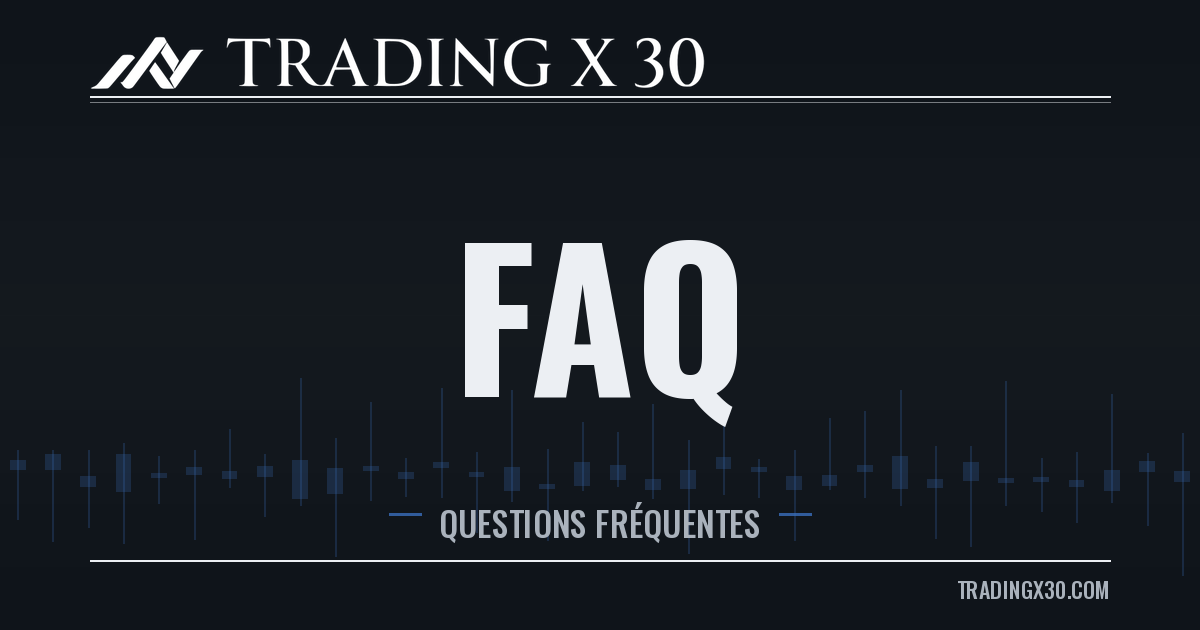 Image de mise en avant de la page FAQ TradingX30, version sombre — titre FAQ avec motif de chandeliers japonais en arrière-plan